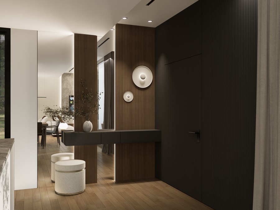 Recibidor con consola suspendida y paneles de madera diseñado por Arkitektismo
